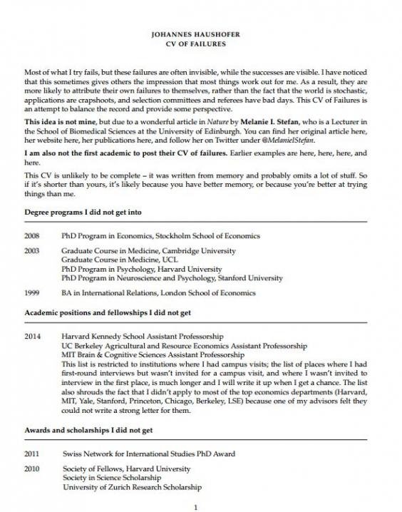 CV of Failures - Johannes Haushofer (Princeton)