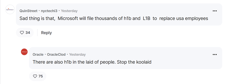 Screengrab of Microsoft facing criticism over H1B on TeamBlind